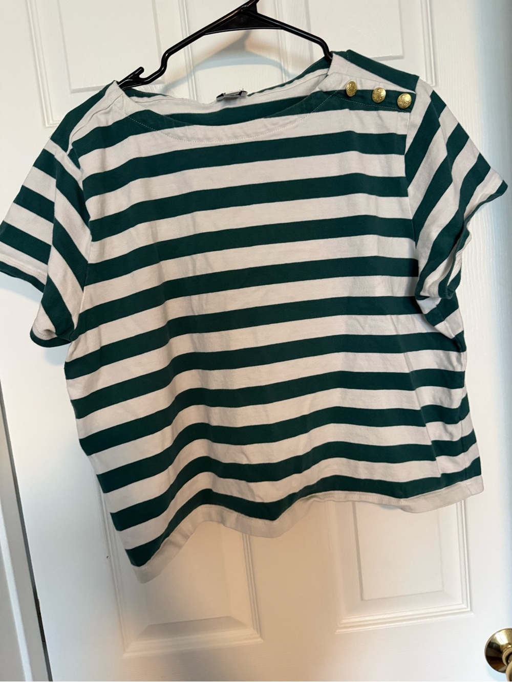 J.Crew Striped Green and White Boatneck Tee with Gold Buttons size XL